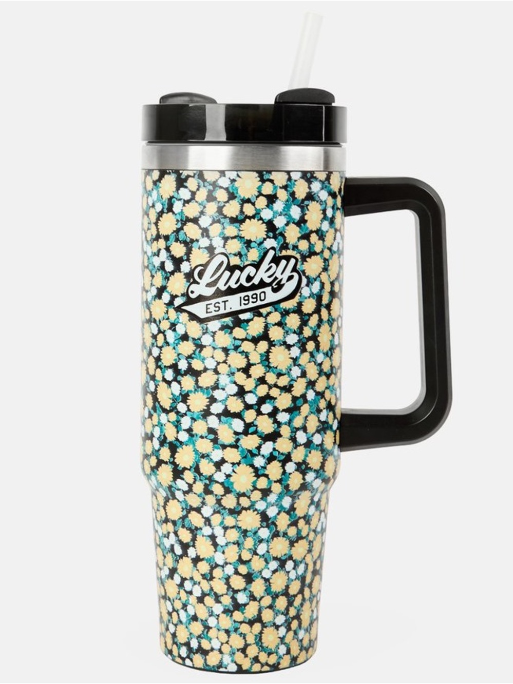 NWT Lucky Brand 32 Oz Cream Blush Floral Insulated Tumbler Cup Straw